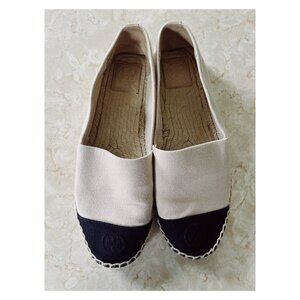 Tory Burch Sz 10.5 Color Block Espadrille Flats Black and Natural Canvas